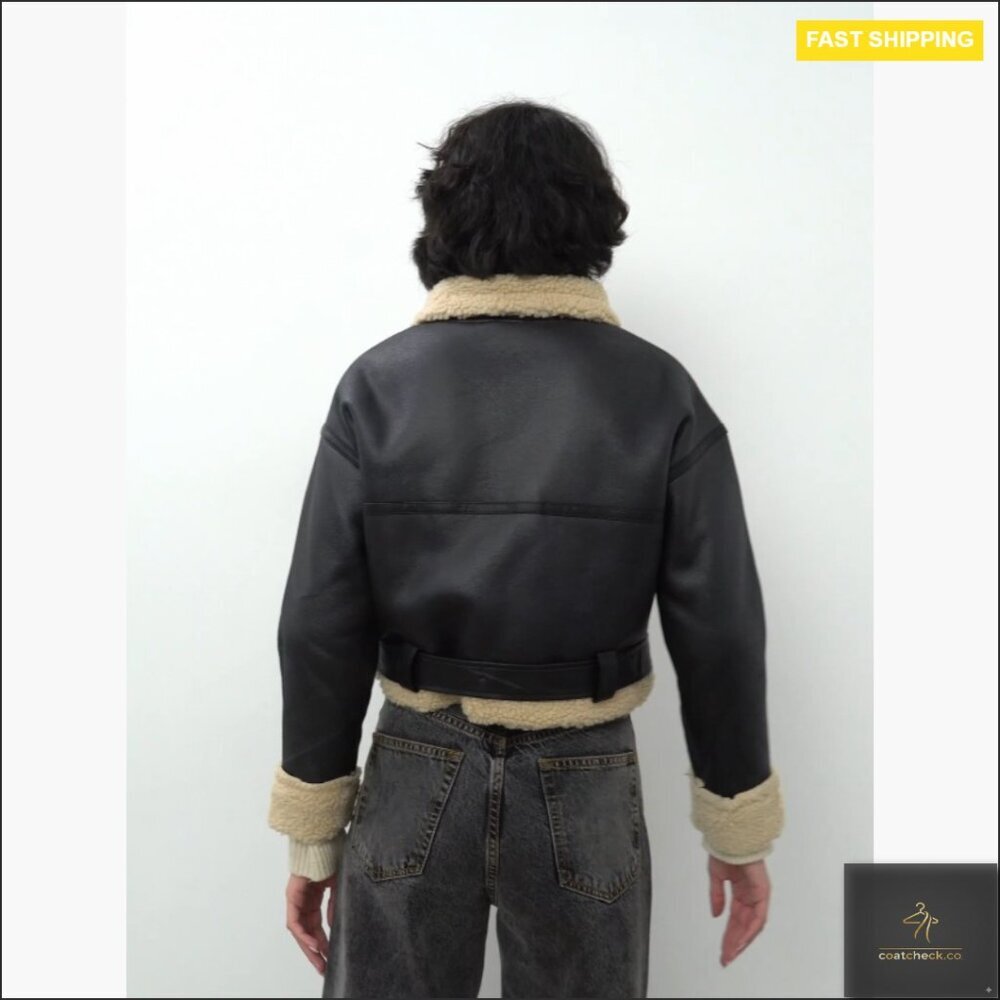 Faux Leather Aviator Bomber Jacket with Sherpa Lining, Winter Coat - Picture 7 of 7